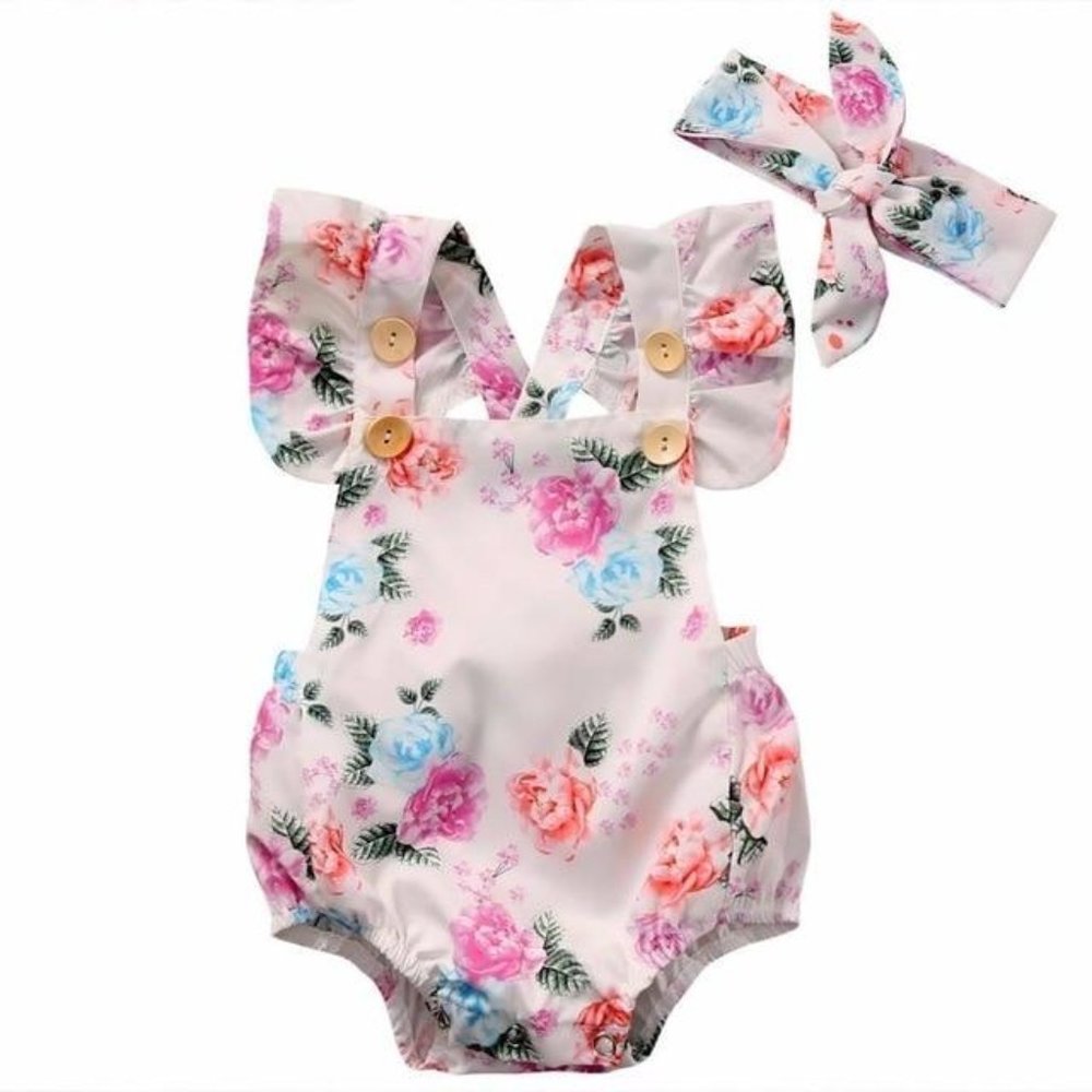 Two Piece Floral Romper Set (Romper + Bow)